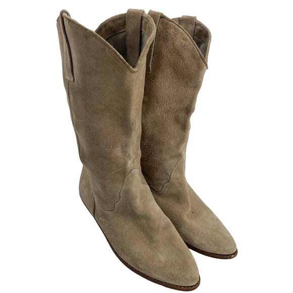 VTG 9 West women 7M mid calf beige suede leather pointed toe cowboy boots - Picture 2 of 8